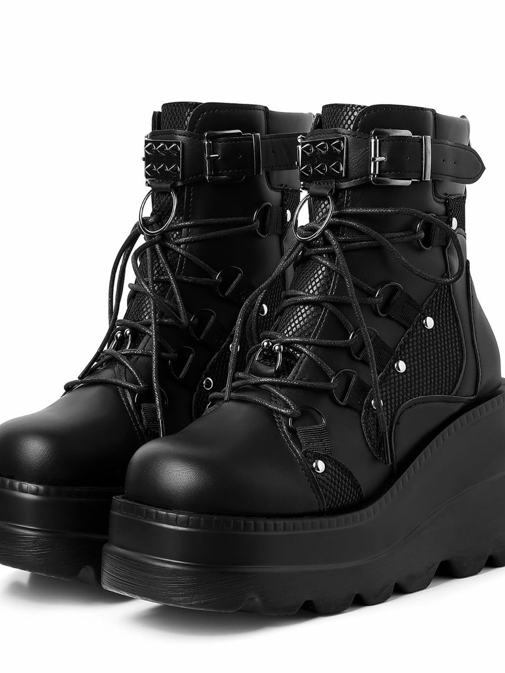Women's Black Platform Combat Boots with Buckle & Lace-Up